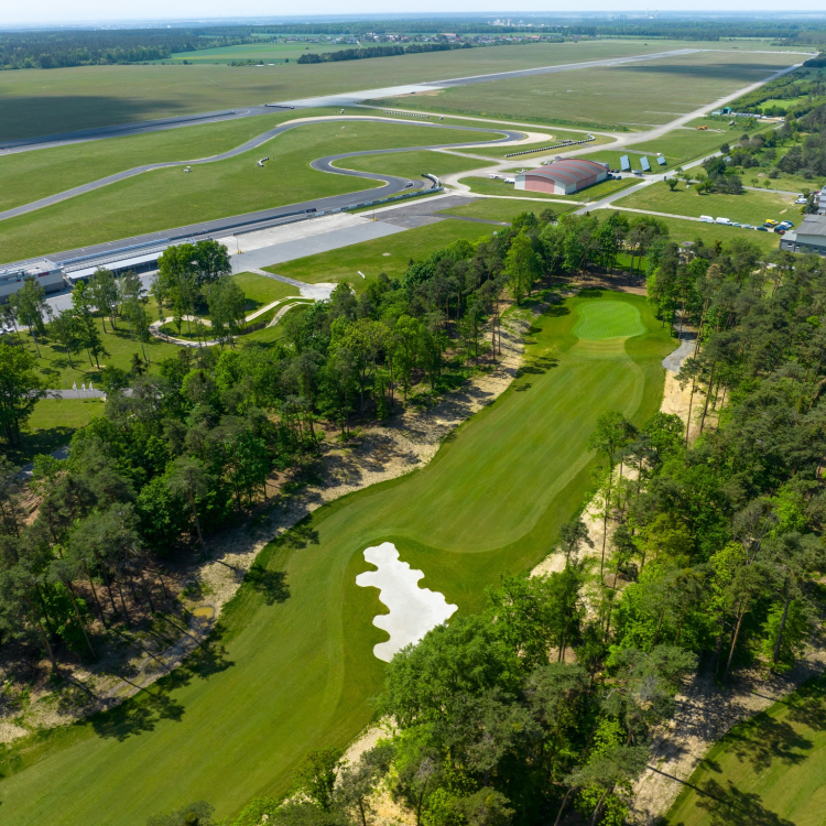 Aerial view of the bunker located within narrow fairway at Karolinka Golf Park
