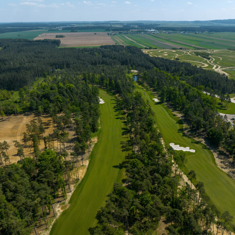 Panoramic aerial view of Karolinka Golf Park with long and narrow fairways
